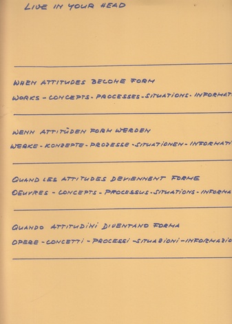 LIVE IN YOUR HEAD. WHEN ATTITUDES BECOME FORM / WENN ATTITÜDEN FORM WERDEN / QUAND LES ATTITUDES DEVIENNENT FORME / QUANDO ATTITUDINI DIVENTANO FORMA. Kunsthalle Bern 22.3.-27.4.1969. Faksimile